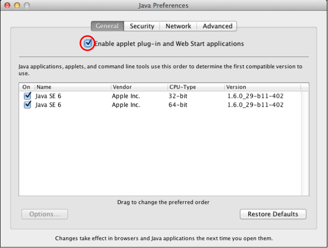Mac Lion Java preferences enabled